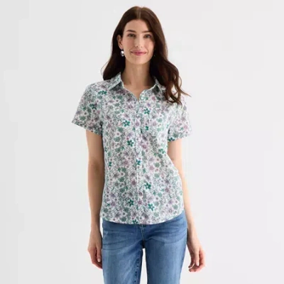 St. John's Bay Womens Short Sleeve Regular Fit Button-down Shirt In Multi