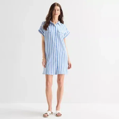 St. John's Bay Womens Short Sleeve Striped Sheath Dress In Blue