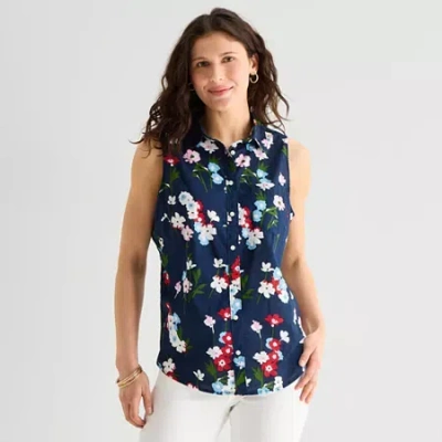 St. John's Bay Womens Sleeveless Regular Fit Button-down Shirt In Multi