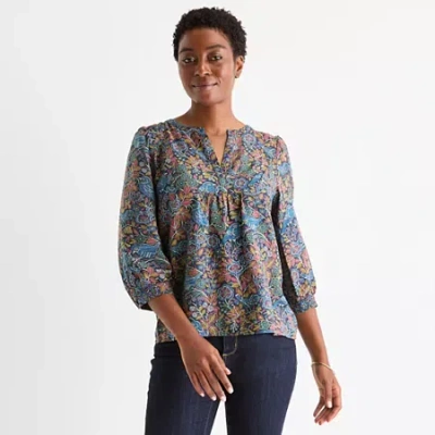 St. John's Bay Womens Split Crew Neck 3/4 Sleeve Blouse In Blue