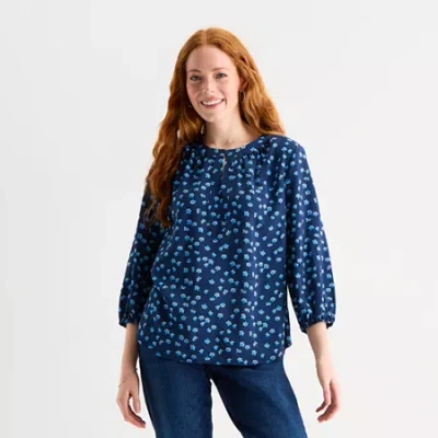 St. John's Bay Womens Split Crew Neck 3/4 Sleeve Blouse In Blue