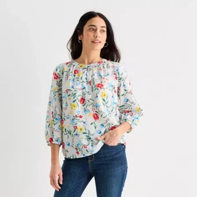 St. John's Bay Womens Split Crew Neck 3/4 Sleeve Blouse In Multi