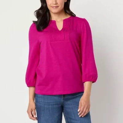 St. John's Bay Womens Split Crew Neck 3/4 Sleeve Blouse In Pink