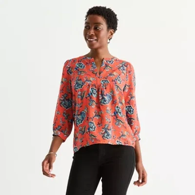 St. John's Bay Womens Split Crew Neck 3/4 Sleeve Blouse In Red