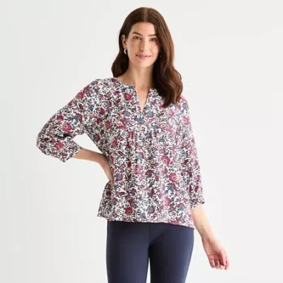 St. John's Bay Womens Split Crew Neck 3/4 Sleeve Blouse In White