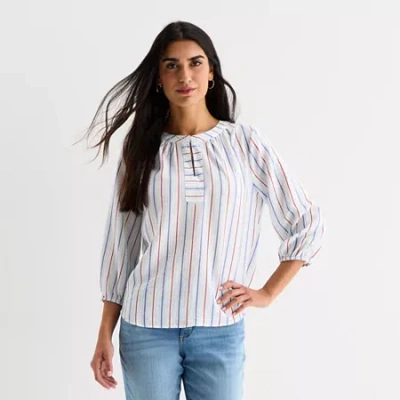 St. John's Bay Womens Split Crew Neck 3/4 Sleeve Blouse In White