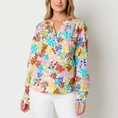 St. John's Bay Womens Split Crew Neck Long Sleeve Blouse In Multi