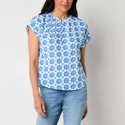 St. John's Bay Womens Split Crew Neck Short Sleeve Blouse In Blue