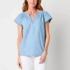 St. John's Bay Womens Split Crew Neck Short Sleeve Blouse In Blue