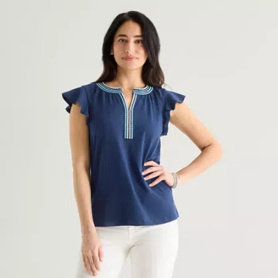 St. John's Bay Womens Split Crew Neck Short Sleeve Blouse In Blue