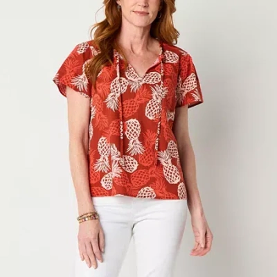 St. John's Bay Womens Split Crew Neck Short Sleeve Blouse In Red
