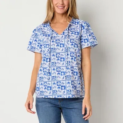 St. John's Bay Womens Split Crew Neck Short Sleeve Blouse In White