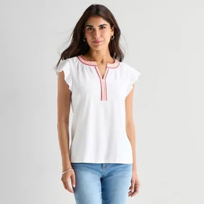 St. John's Bay Womens Split Crew Neck Short Sleeve Blouse In White