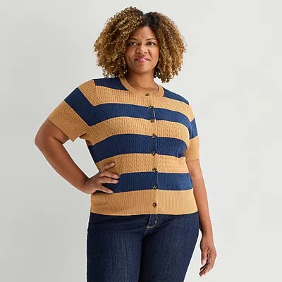 St. John's Bay Womens Split Crew Neck Short Sleeve Button Plus Striped Cable Knit Cardigan In Blue