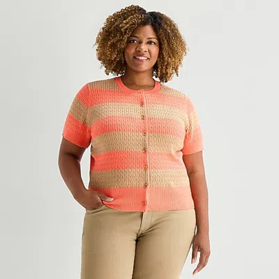 St. John's Bay Womens Split Crew Neck Short Sleeve Button Plus Striped Cable Knit Cardigan In Orange