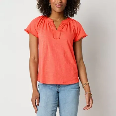 St. John's Bay Womens Split Crew Neck Short Sleeve T-shirt In Orange