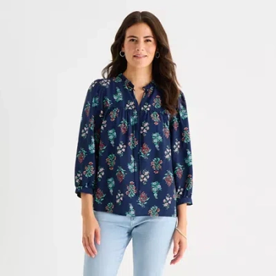St. John's Bay Womens Split Tie Neck 3/4 Sleeve Blouse In Blue