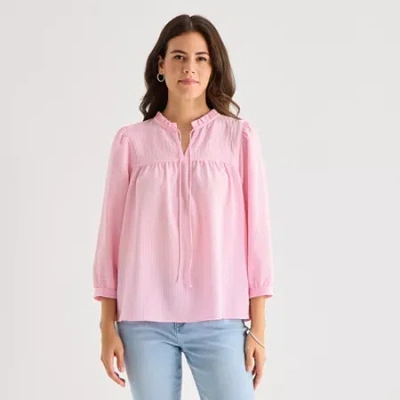 St. John's Bay Womens Split Tie Neck 3/4 Sleeve Blouse In Pink