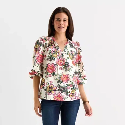 St. John's Bay Womens Split Tie Neck 3/4 Sleeve Blouse In White