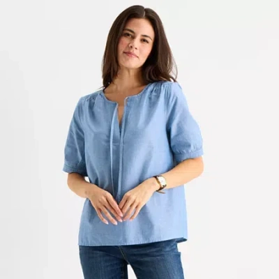 St. John's Bay Womens Split Tie Neck Elbow Sleeve Blouse In Blue