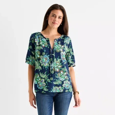 St. John's Bay Womens Split Tie Neck Elbow Sleeve Blouse In Blue