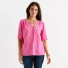 St. John's Bay Womens Split Tie Neck Elbow Sleeve Blouse In Pink