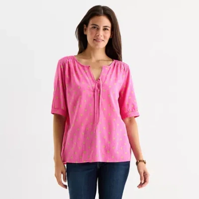 St. John's Bay Womens Split Tie Neck Elbow Sleeve Blouse In Pink