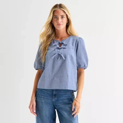 St. John's Bay Womens Split Tie Neck Short Sleeve Blouse In Blue