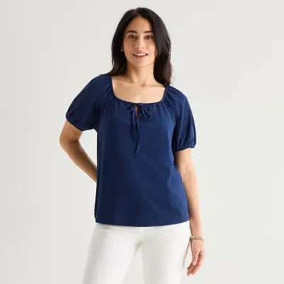 St. John's Bay Womens Split Tie Neck Short Sleeve Blouse In Blue