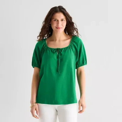 St. John's Bay Womens Split Tie Neck Short Sleeve Blouse In Green