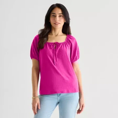 St. John's Bay Womens Split Tie Neck Short Sleeve Blouse In Pink