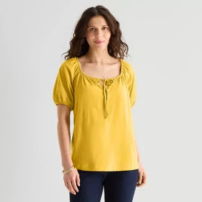 St. John's Bay Womens Split Tie Neck Short Sleeve Blouse In Yellow