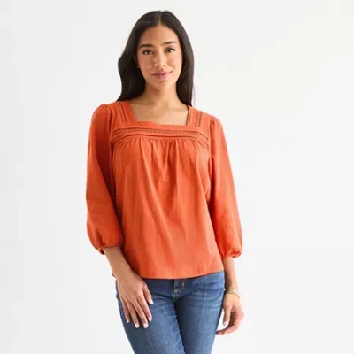 St. John's Bay Womens Square Neck 3/4 Sleeve Blouse In Orange