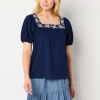 St. John's Bay Womens Square Neck Short Sleeve Embroidered Blouse In Blue