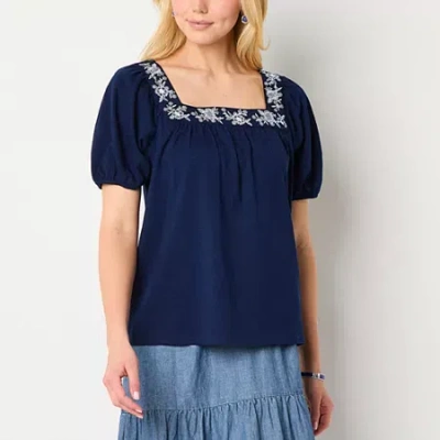 St. John's Bay Womens Square Neck Short Sleeve Embroidered Blouse In Blue
