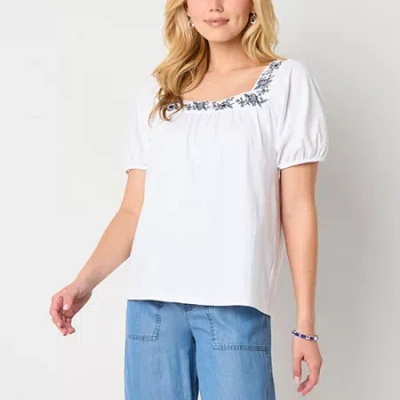 St. John's Bay Womens Square Neck Short Sleeve Embroidered Blouse In White