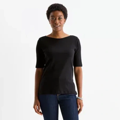 St. John's Bay Womens Tall Boat Neck 3/4 Sleeve T-shirt In Black