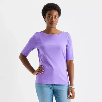 St. John's Bay Womens Tall Boat Neck 3/4 Sleeve T-shirt In Purple