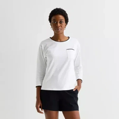 St. John's Bay Womens Tall Crew Neck 3/4 Sleeve Blouse In White