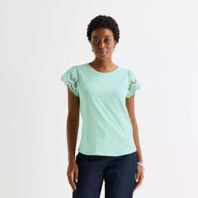 St. John's Bay Womens Tall Crew Neck Short Sleeve Blouse In Green