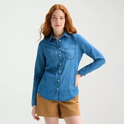 St. John's Bay Womens Tall Cuffed Long Sleeve Regular Fit Button-down Shirt In Blue