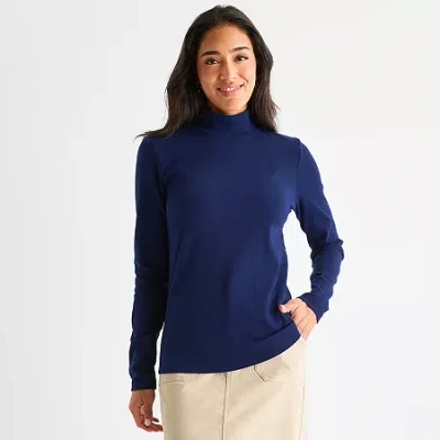 St. John's Bay Womens Tall Long Sleeve Mock Neck Top In Blue