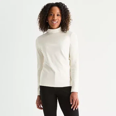 St. John's Bay Womens Tall Long Sleeve Mock Neck Top In White