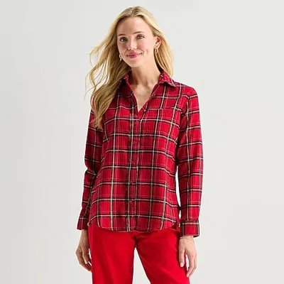 St. John's Bay Womens Tall Long Sleeve Regular Fit Button-down Shirt In Red