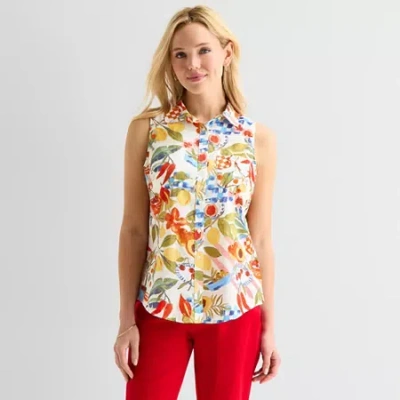 St. John's Bay Womens Tall Sleeveless Regular Fit Button-down Shirt In Multi
