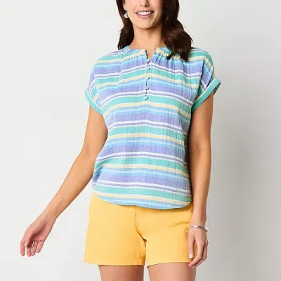 St. John's Bay Womens Tall Split Crew Neck Short Sleeve Blouse In Blue