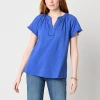 St. John's Bay Womens Tall Split Crew Neck Short Sleeve Blouse In Blue