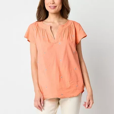 St. John's Bay Womens Tall Split Crew Neck Short Sleeve Embroidered Blouse In Orange