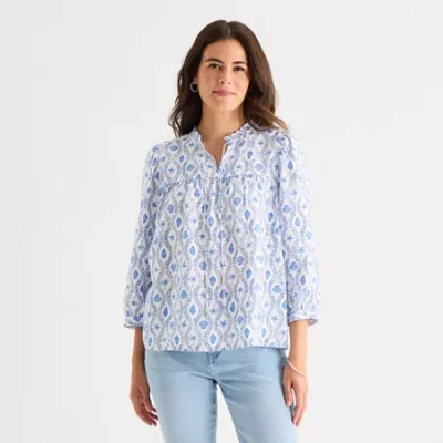 St. John's Bay Womens Tall Split Tie Neck 3/4 Sleeve Blouse In Blue