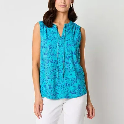 St. John's Bay Womens Tall Split Tie Neck Sleeveless Blouse In Blue